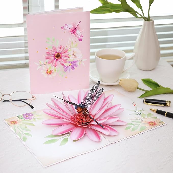 Pop Up Birthday Cards, Dragonfly and Gerbera Daisies Flower 3D Birthday Card for Women, Happy Mother’s Day Card, Valentines Day Card for Mom, Wife, Sister, Wife, Grandma, Daughter, Girlfriends