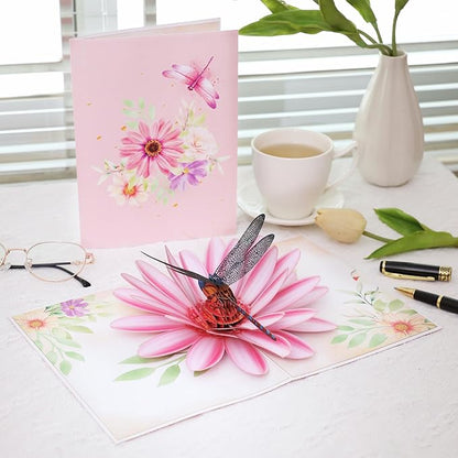 Pop Up Birthday Cards, Dragonfly and Gerbera Daisies Flower 3D Birthday Card for Women, Happy Mother’s Day Card, Valentines Day Card for Mom, Wife, Sister, Wife, Grandma, Daughter, Girlfriends
