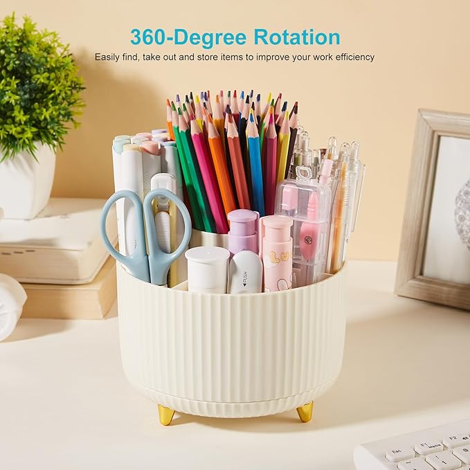 Desk Pencil Pen Holder, 5 Slots 360 Degree Rotating Pencil Pen Organizers for Desk Desktop Storage Stationery Supplies Organizer Cute Pen Cup for Office School Home Art Supply Cream Yellow