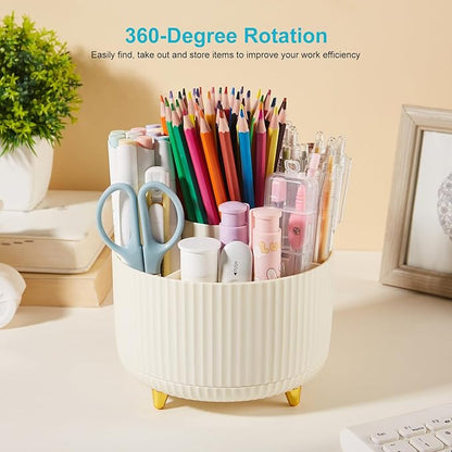 Desk Pencil Pen Holder, 5 Slots 360 Degree Rotating Pencil Pen Organizers for Desk Desktop Storage Stationery Supplies Organizer Cute Pen Cup for Office School Home Art Supply Cream Yellow