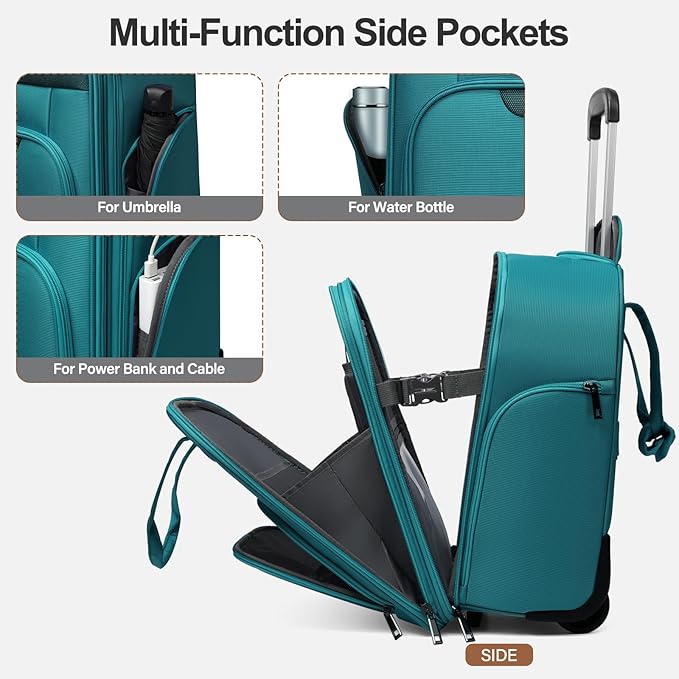 Personal Item 16-Inch Underseat Carry on Luggage With Wheels Lightweight Wheeled Underseater under seat bags for airplanes Upright 2 Wheel Teal Green