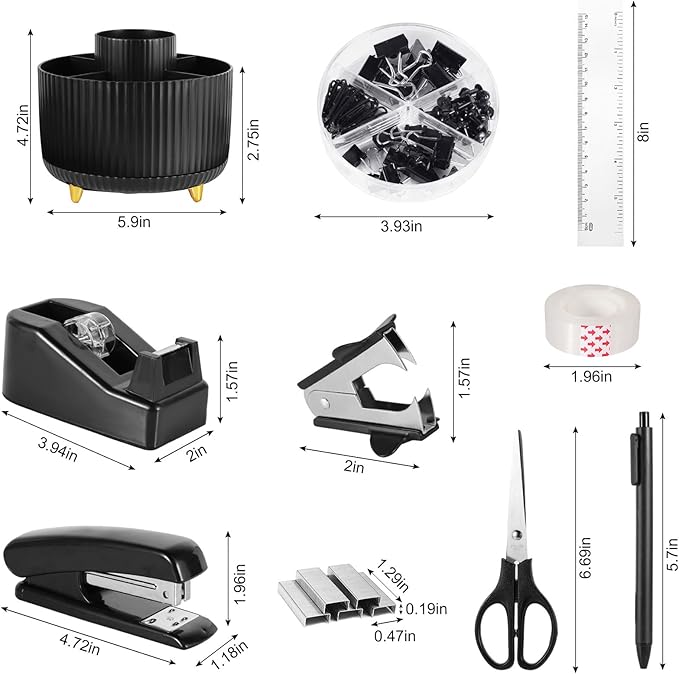 Black Desk Organizers and Accessories 10Pcs Set with 360-Degree Rotating Pen Holder, Tape Dispenser, Stapler, Staple Remover, 1000 Staples, Tape, Clips Set, Ruler, Scissor, Pen