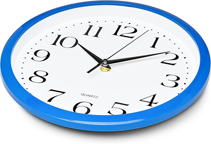 Bernhard Products 10 Inch Blue Quartz Analog Wall Clock - Silent, Easy to Read, Quality Construction, Simple Design, Lightweight, Easy to Hang, Battery Operated