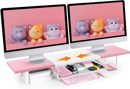 Dual-Computer-Monitor-Stand-Riser For Desk, Expandable Desk Shelf With Drawer For 2 Monitors, Desk Accessories & Workspace Organizers,TV Riser, Desktop Double Laptop Riser With Storage
