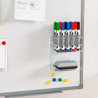 Acrylic Clear Magnetic Whiteboard Marker Holder,Wall Mounted Dry Erase Whiteboard Marker Holder Stand with 10 Marker Solts and Eraser Holder for School Office Home(Clear, 2)