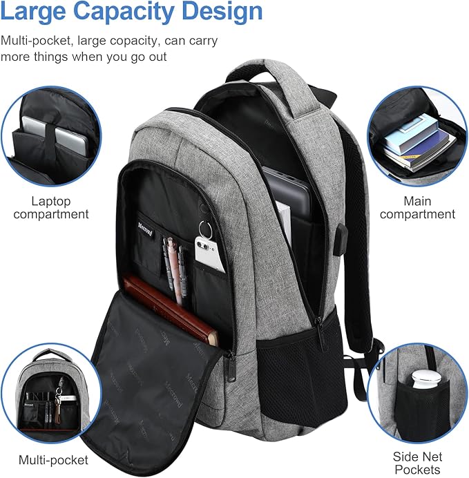 Laptop Backpack for Women, Anti Theft Backpack with USB Charging Port, 15.6 Inch Large Backpack for Travel Business (Grey)