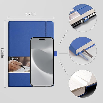 EMSHOI Dotted Journal - 256 Pages Bullet Dotted Notebook, 120gsm Thick Paper Dot Grid Notebook, A5 Hardcover Leather Journal with Stencils, 16 Perforated Pages, Pen Loop, Inner Pocket, 5.75" x 8.38"