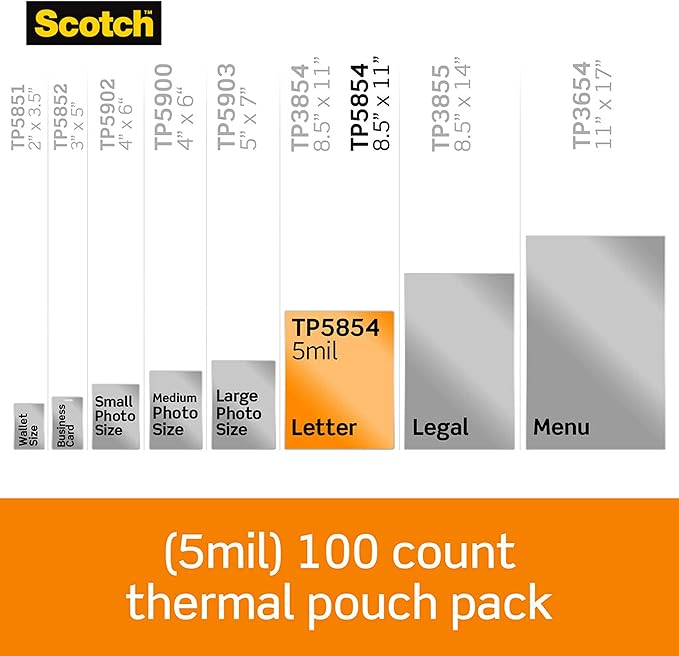 Scotch Thermal Laminating Pouches, 100 Count, Clear, 5 mil., Laminate Business Cards, Banners and Essays, Ideal Office or School Supplies, Fits Letter Sized Paper (8.9 in. × 11.4 in.)