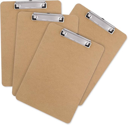 Wood Clipboards Set of 4, Letter Size Hardboard Clip Board 8.5x11 for Classroom, Students, Kid, A4 Standard Clipboard Size 9" x 12.5" with Low Profile Clip, Office Supply, School Supply.