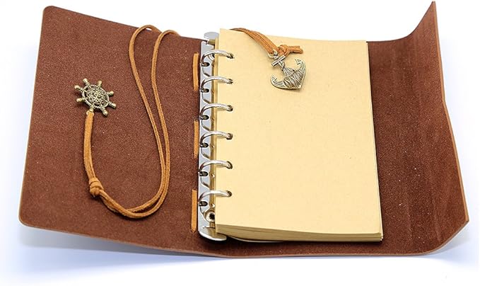 EvZ Leather Writing Journal Notebook, 5 Inches Vintage Nautical Spiral Blank String Diary Notepad Sketchbook Travel to Write in, Unlined Paper, Retro Pendants, Classic Embossed, Dark Blue