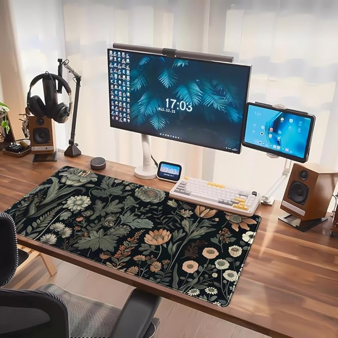Black Aesthetic Vintage Desk Mat Dark Flower Plants Mouse Pad Wildflowers Large Gaming Mousepad Desk Pad XXL Keyboard Mouse Mat Full Desktop Mat Women Desk Cover Mat for Work Office Home 31.5x15.8 in