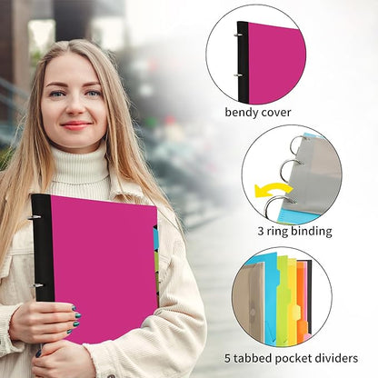 2 Pcs Pivotable Refillable Notebook, 3 Ring Binder Notebooks 1 Inch, Notebook with Dividers and Pockets, Folder Notebook, Flexible Binder, Soft Binders 3 Ring, Foldable Binder- Pink