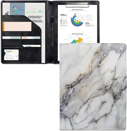 Office Folder White Marble Print PU Leather Padfolio with A4 Size Clipboard Clip for Business Resume Interview Document Sleeve Binder Folder for Men/Women