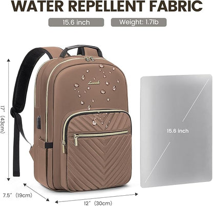 LOVEVOOK Laptop Backpack for Women 15.6 inch,Cute Womens Travel Backpack Purse,Professional Laptop Computer Bag,Waterproof Work Business College Teacher Bags Carry on Backpack with USB Port,Brown