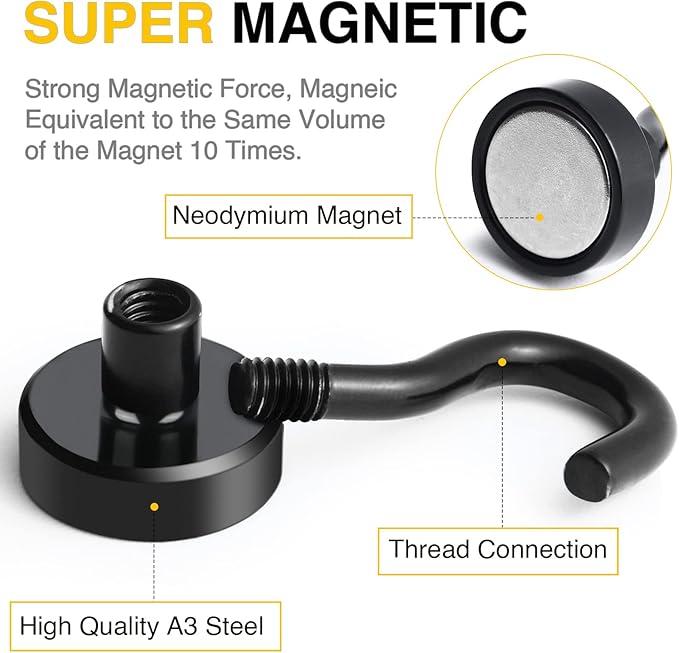 DIYMAG Magnetic Hooks for Refrigerator, Extra Strong Cruise Hook, 30Lbs Heavy Duty Earth Magnets with Hook for Hanging, Magnetic Hanger for Cabins, Grill (60P-Black)