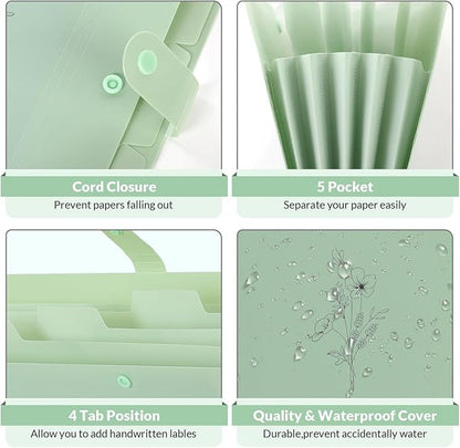 SKYDUE Expanding File Folder with 5 Pockets, Aesthetic Accordion File Organizer, Portable Document Paper Bill Receipt Organizer, School Office Supplies, Letter/A4 Size, (1, Pea Green)