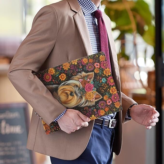Office Folder Flower Dog Print PU Leather Padfolio with A4 Size Clipboard Clip for Business Resume Interview Document Sleeve Binder Folder for Men/Women