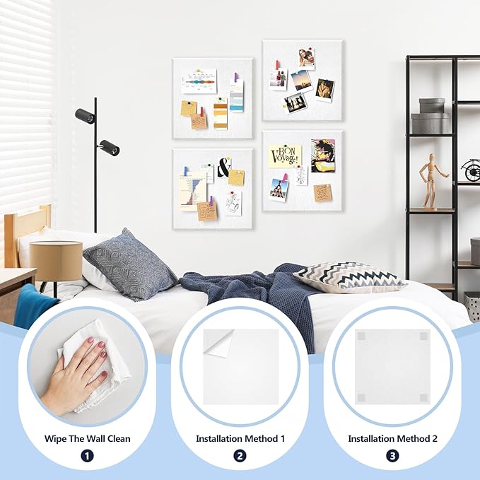 4 Pack Cork Board Tiles 12x12 Inches, 1/2" Thick Felt Cork Squares with 30 Push Pins, Bulletin Board Pin Board, Adhesive Cork Board for for Wall for Home, Office, and Kitchen (White)