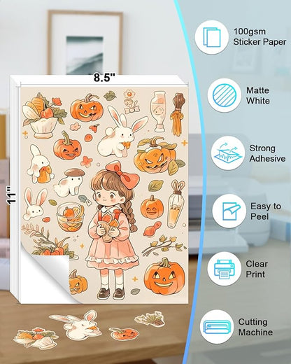 100 Sheets 8.5x11 Printable Sticker Paper work with Inkjet, Laser Printer & Cricut Maker, Labelchoice Blank Matte White Full Paper Sticker Printer Paper, Self Adhesive A4 Letter Size Full Sheet Labels