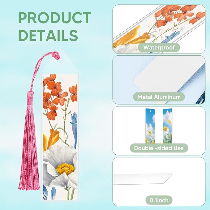 50 Sets Sublimation Blank Bookmarks Double Sided with Colorful Sleeves Tassels,Clear Bookmark and Self-Sealing Bags,Heat Transfer Metal Aluminum DIY Bookmark with Hole