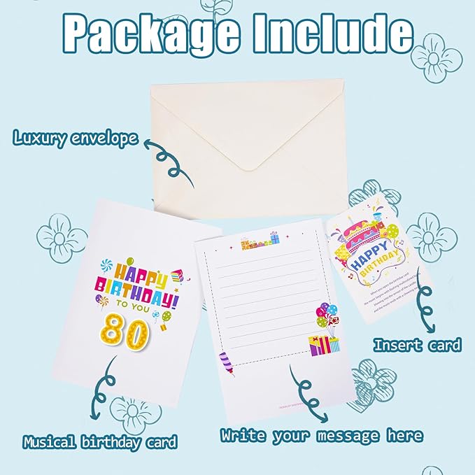Gumry 80TH Musical Birthday PopUp Card, Blowable Colorful Light Candle 3D Cards with Song, Applause Cheers Sound, Greeting Cards Birthday Gifts Decorations for Women Men Turning 80 Years Old