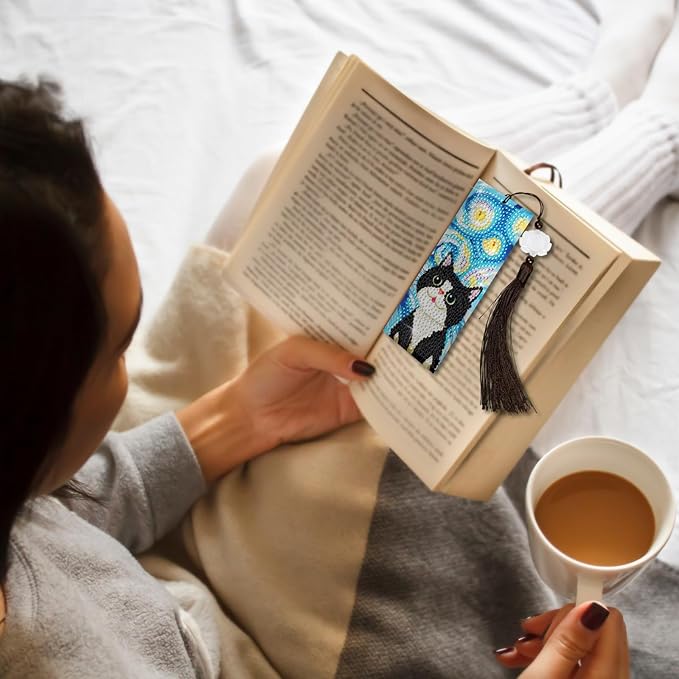 Anseal 3 Pcs 5D Diamond Art Bookmarks for Book Lovers, Cute Animal Rhinestone PU Leather Diamond Crafts Bookmarks for Women Girls, Tassel Beaded Book Mark for Graduation Birthday Reading Present