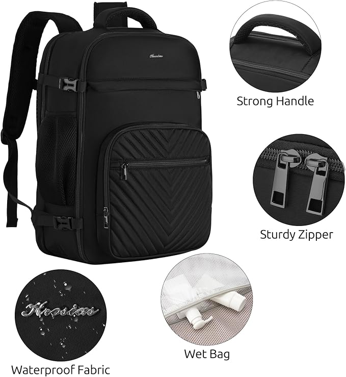 Travel Backpack for Women, Carry On Backpack for Airplanes Flight Approved, Waterproof Large Weekender Overnight Bag Fit 17 Inch Laptop, Black