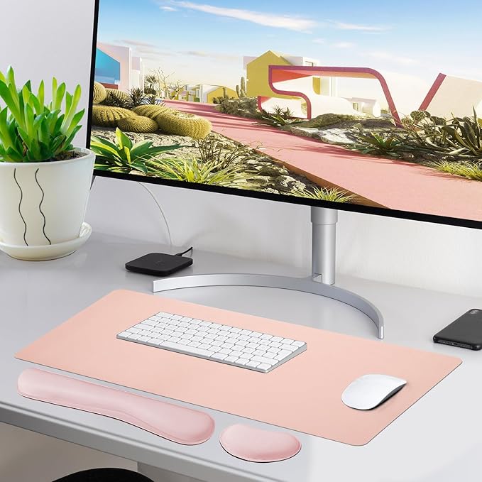 Bloss Leather Desk Pad and Keyboard Wrist Rest, Large Mouse Pad + Keyboard Pad+Mouse Wrist Support, Non-Slip Desk Mat Protector for Office, Home (35.4×15.7 Inches,Pink)
