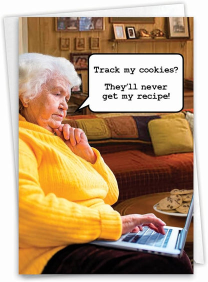 NobleWorks - Funny Happy Birthday Note Card with Envelope (4.63 x 6.75 Inch) - Bday Greeting Card for Women and Men - Congrats Bday Celebration Notecard - Track Cookies C2384BDG