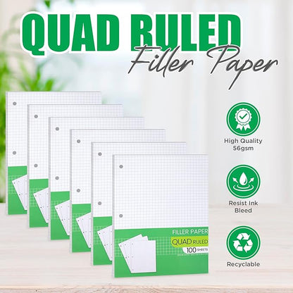 Graph Paper, Filler Paper Loose leaf Graph Paper - 8” x 10.5" - Graph Ruled, 4x4 Quad Ruled Notebook Paper, 3 Hole Punched Loose leaf Papers for 3 Ring Binders - 100 Sheets per Pack (6 Pack)
