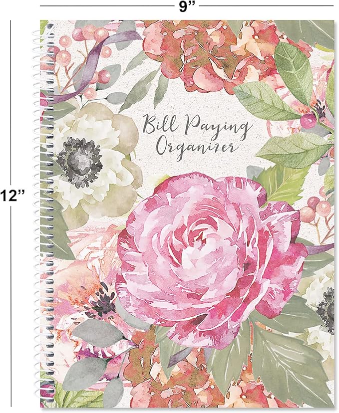 Pale Peony Bill Paying Organizer Book - Large 9" by 12 inch, Spiral-Bound, 14 Pocket Pages, 32 Label Stickers, Bill Tracking Receipt Storage