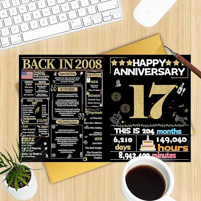 Joycard 17th Anniversary Card for Women Men, Gold Wedding Card for Wife Husband, Sweet Marriage Decorations Gifts for Couple, Perfect for Her Him on Anniversary Day, Back in 2008