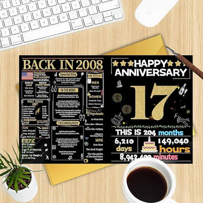 Joycard 17th Anniversary Card for Women Men, Gold Wedding Card for Wife Husband, Sweet Marriage Decorations Gifts for Couple, Perfect for Her Him on Anniversary Day, Back in 2008