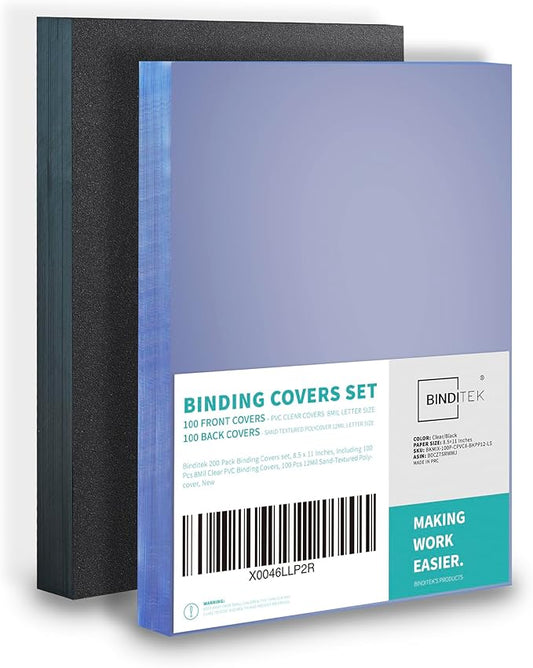 Binditek 200 Pack Binding Covers and Backs Set, 8.5 x 11 Inches, Including 100 Pcs 8 Mil Clear PVC Binding Covers, 100 Pcs 12 Mil Sand-Textured Polycovers, for Letter Size