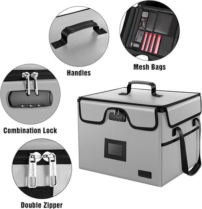 AMBOR File Box with Lock, Fireproof Document Box with 5 Tabs & Inserts, Collapsible File Organizer with Handle for Letter & Legal Size Folder/Certifications/Books Storage, Grey