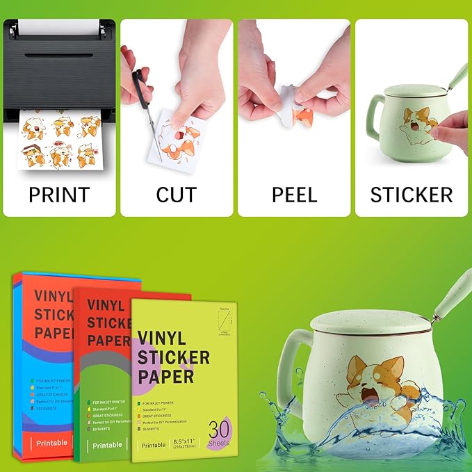 30 Sheets Premium Printable Vinyl Sticker Paper for Inkjet Printers Glossy White 8.5x11 Inch Waterproof & Vibrant Colours Retains Ink Well Tear Resistant Great for Cutting Machines