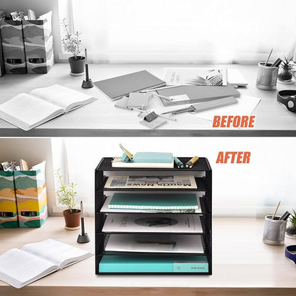 EASEPRES 5 Slot Mesh Desk Organizer Tray, File Paper Letter Folder Holder Desktop Paper Sorter Mail Organization Rack Storage Accessories, for Office Home School Classroom, Black