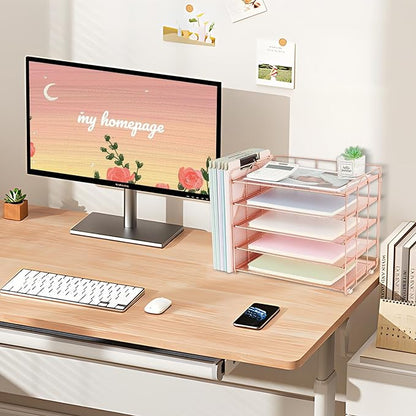 OPNCIE Desk Organizers and Accessories, 5 Tier Paper Letter Tray File Organizer, Office Organization Storage Desk Accessories Workspace Desktop Organizer for Classroom Office Supplies Decor(Rose)