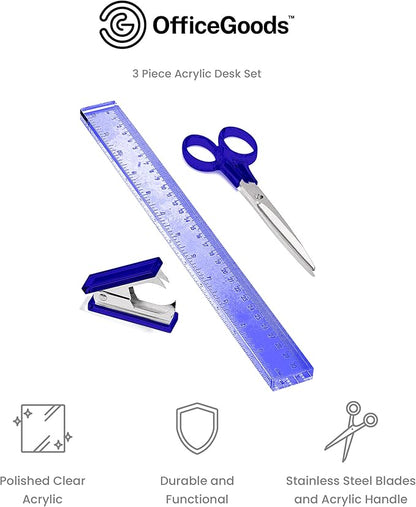 OfficeGoods 3 Piece Acrylic Desk Set - Includes Ruler, Staple Remover, Scissors - Functional & Elegant Desk Accessories - Stationery Tools for Home, Office, and School - Blue with Silver Metal