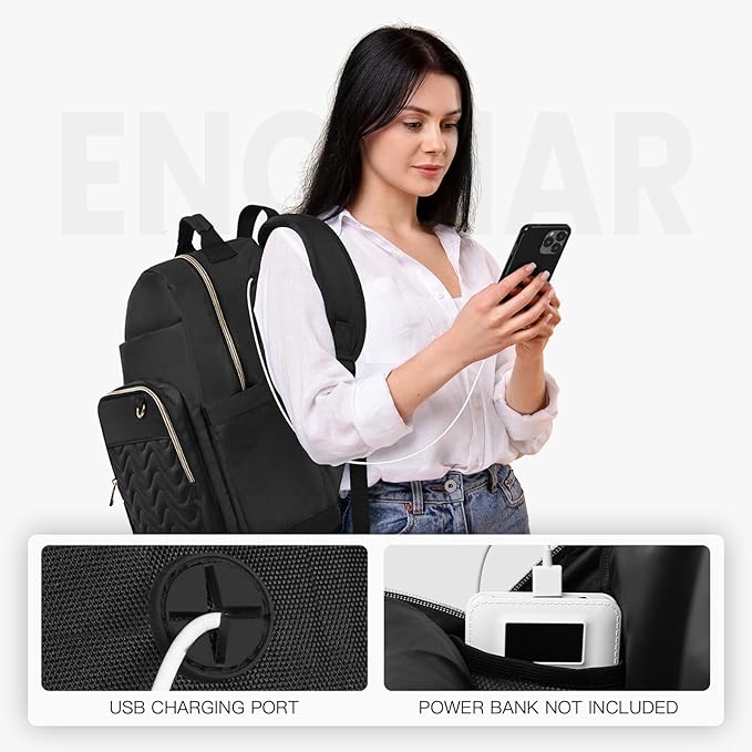 Travel Laptop Backpack for women, Work Backpack Woman with USB Charging Port, Water Resistant College Backpack, Stylish Quilted Girls Backpack Casual Daypack for 15.6 Inch Laptop, Black