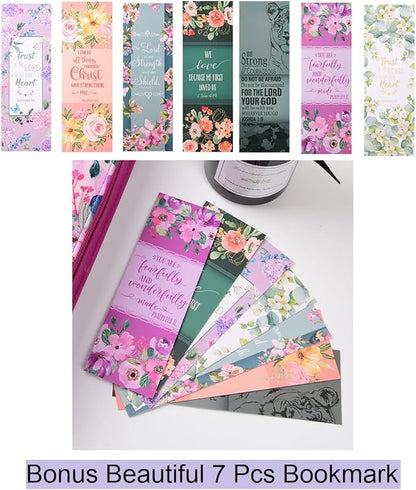 Bible Cover Case for Women with 7 Beautiful Paper Bookmarks Floral PU Leather Bible Cover Bag with Pockets and Zipper for Standard and Large Size Study Bible 10.8"x7.8"x2" (Coral Floral)