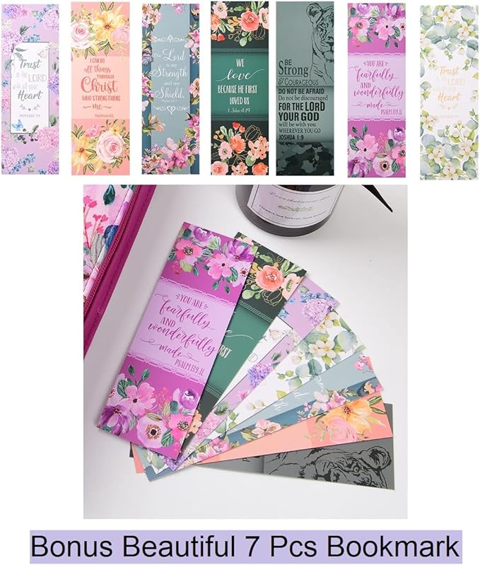 Bible Covers Case for Women Large Leather Bible Carrying Cases Holder Pink 10.8"x7.8"x2" Floral Bible Carrier Tote Bags with Bookmarks Handles Pockets Christian Study Bible Book Gifts