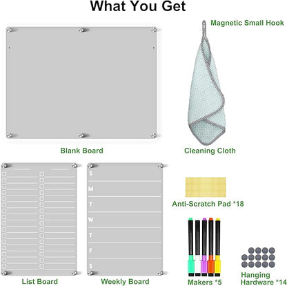 Acrylic Magnetic Dry Erase Board for Fridge, 16"x12" Clear Fridge Whiteboard to Do List White Board for Refrigerator Weekly Meal Planner Menu Board for Kitchen Fridge Calendar 3 Pcs