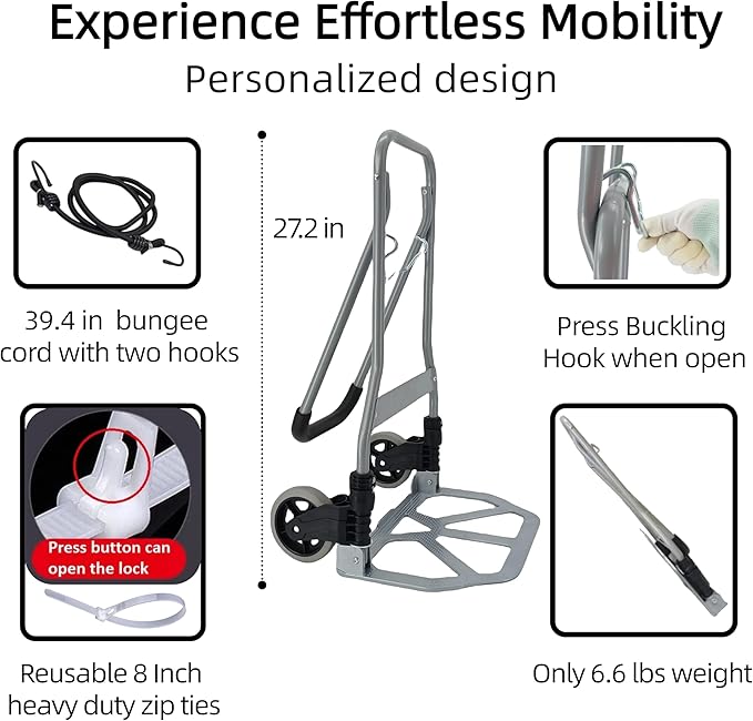 Folding Hand Truck, 165lbs Load Luggage Cart with Silent Wheel, Light Weight Portable Folding Dolly Multi-fuctional Foldable Hand Cart Heavy Duty Utility Cart for Home Office & Travel Use