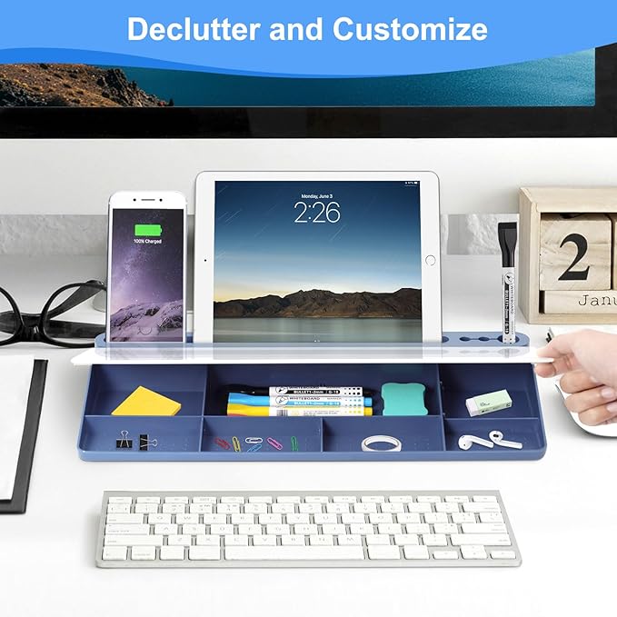 Glass Desktop Whiteboard with Storage, Desk White Board with Computer Keyboard Stand,White Dry Erase Board with Drawers for Home,School,Office - Blue