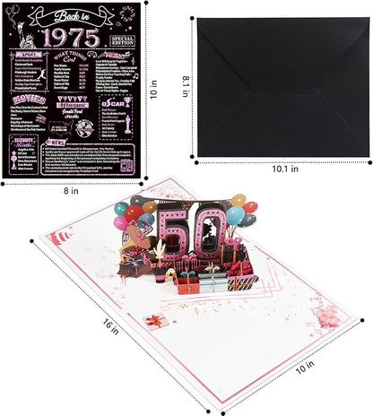 50th Birthday Card for Women Her, Jumbo 3D Pop Up 50th Birthday Gifts, Back In 1975 Happy 50 Year Old Sister Birthday Decorations Cards Card for Wife, Rose Gold