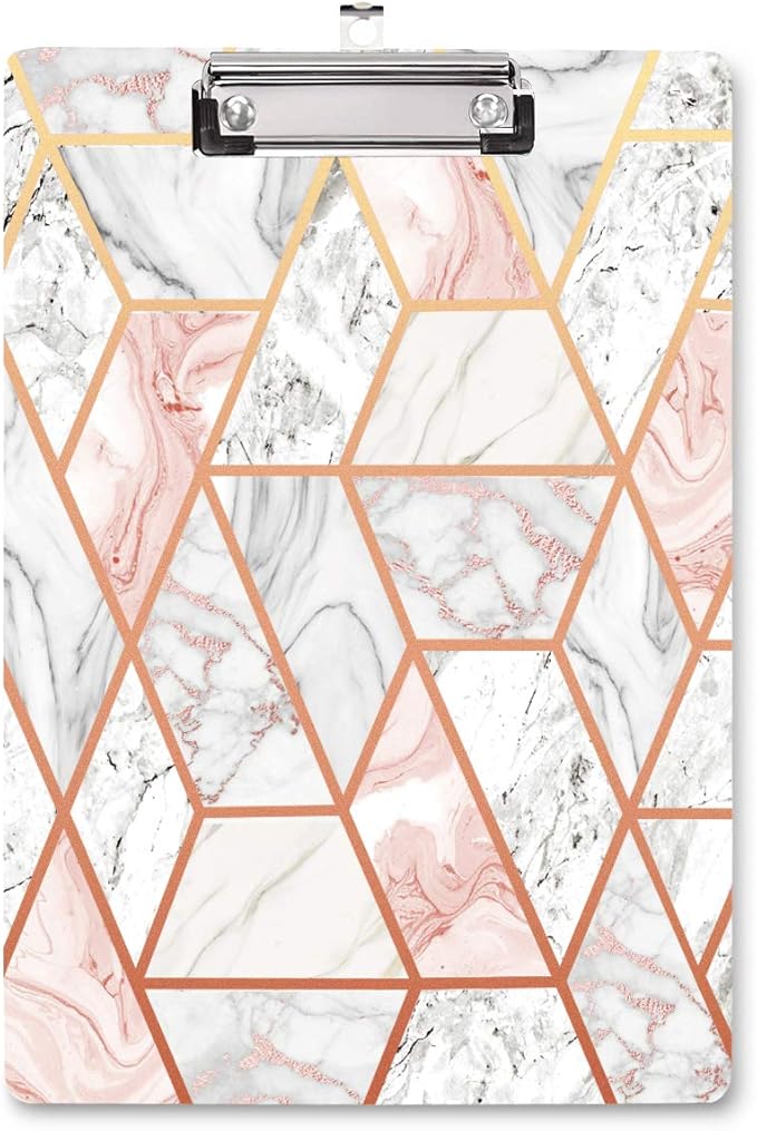 WAVEYU Marble Clipboard Decorative for Office, Cute Clipboard Hardboard with Low Profile Clip Designed for Middle High School College Student Girl Women Adult Teen Gift, Pink+Gold (12.5"x8.5")