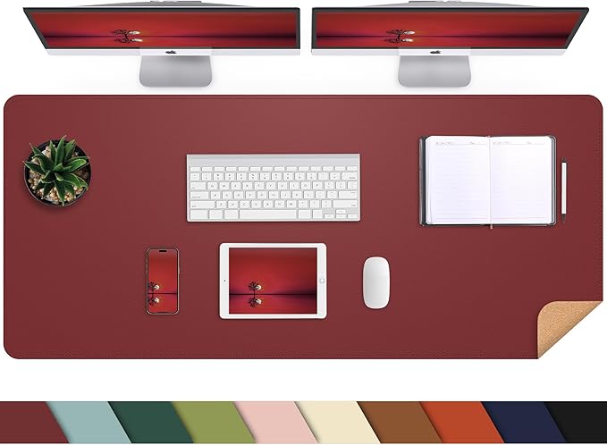 Leather Desk pad Protector, Large Desk mat with Natural Cork & PU Leather,Mouse pad,Non-Slip Office Desk Mat,Waterproof Desk Writing Pad for Office and Home (47in*17in, red)