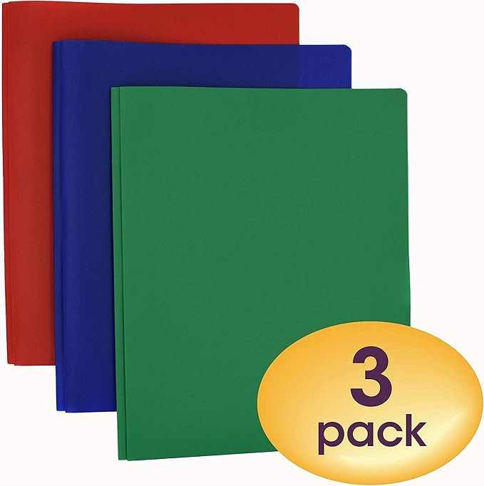Smead Poly Two-Pocket Folder, Three-Hole Punch Prong Fasteners, Letter Size, Assorted Colors, 3 per Pack (87737)