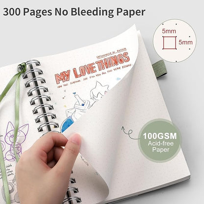 EMSHOI Spiral Notebook Bullet Dotted Journal, A5 Dotted Grid Notebook with 300 Pages, 100gsm Thick Paper, Waterproof Softcover Notebook for School Work Writing, 5.7" × 8.22" - Light Green